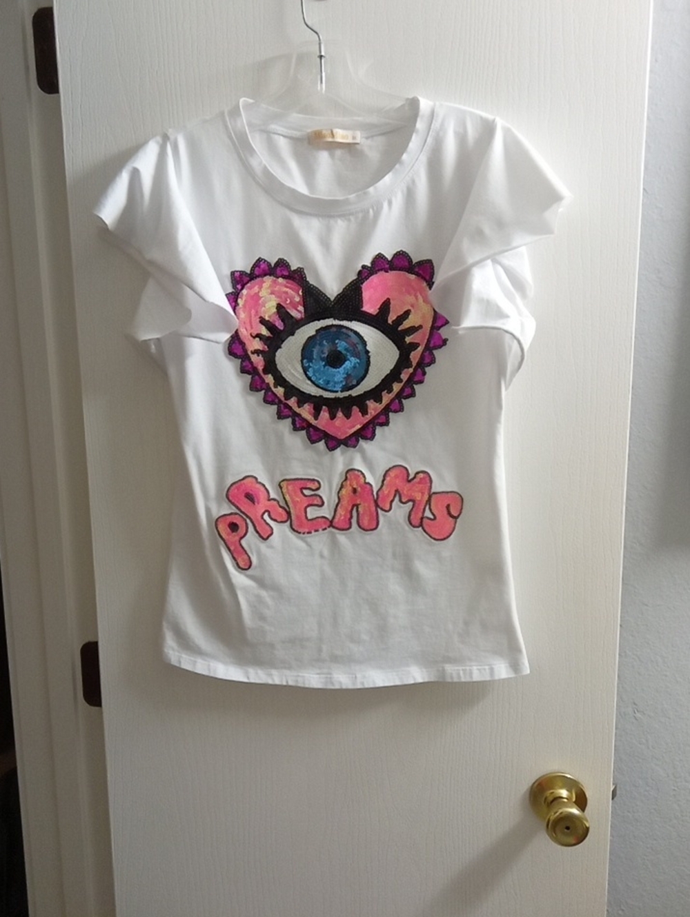 Girls' White 'Dreams' Graphic Tee with Pink & Blue Heart Eye